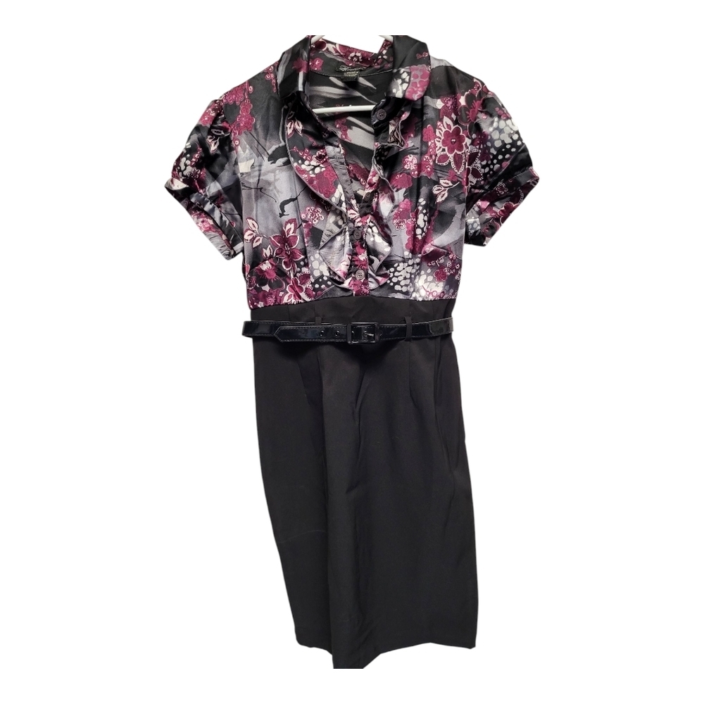 Roulette Pink and Black Belted Sheath Dress with Puff  Sleeves - Size 12